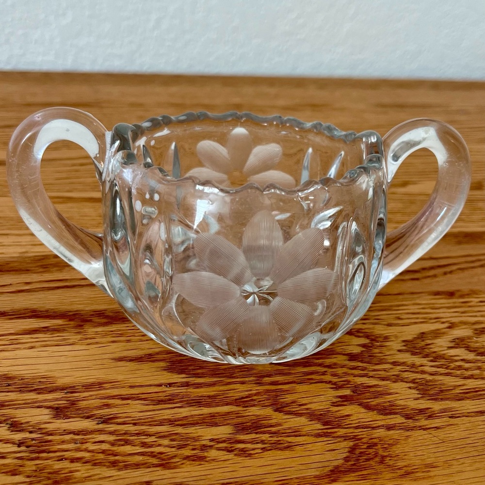Vintage Sugar Bowl Etched Glass Floral Lancaster Cornflower